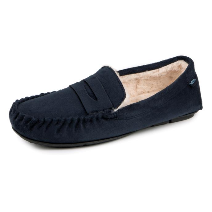 totes toasties® Mens Suedette Moccasin Slipper With Faux Fur Lining Navy Extra Image 3